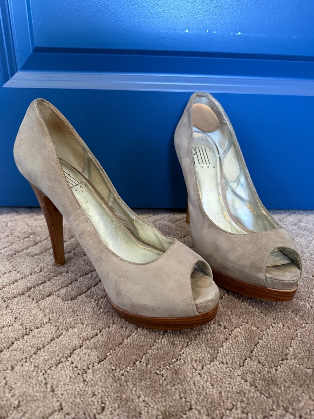 Pelle Moda Taupe Suede Peep-Toe Platform Pumps